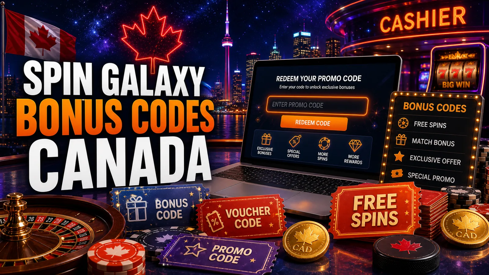 Spin Galaxy Casino Bonus Codes, Voucher Codes and Promos Canada content banner